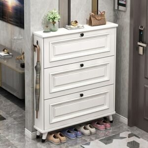 Chalk Contemporary Manufactured Wood Shoe Storage Cabinet 3 Tiers Shoe Stack, Stand alone with Cabinet Door and Closed Back