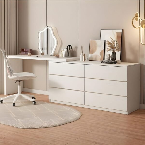 Pure White Minimalist Vanity in E0 wood with 6 drawers.