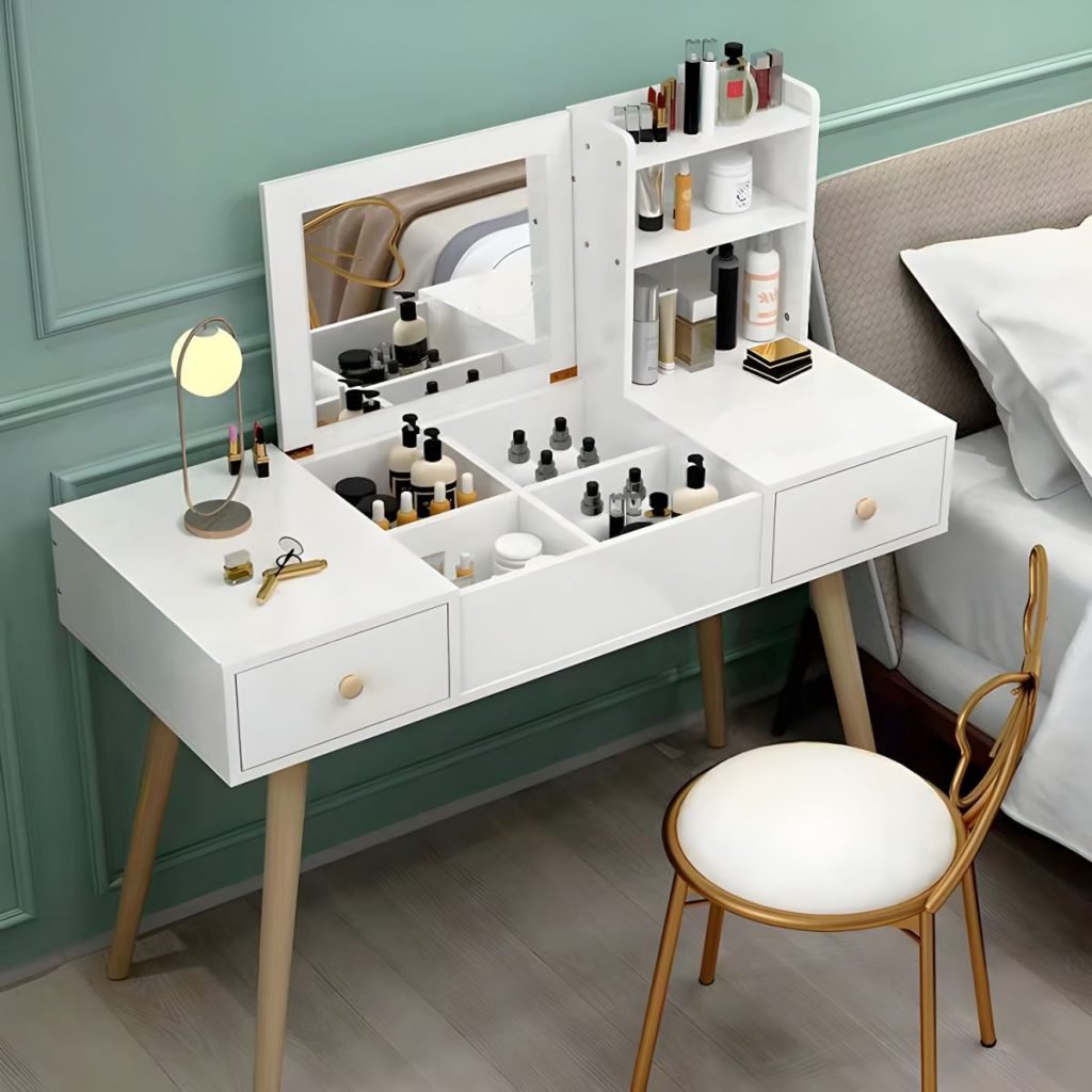 White Minimalist Vanity Desk in pure white E0 eco-wood.