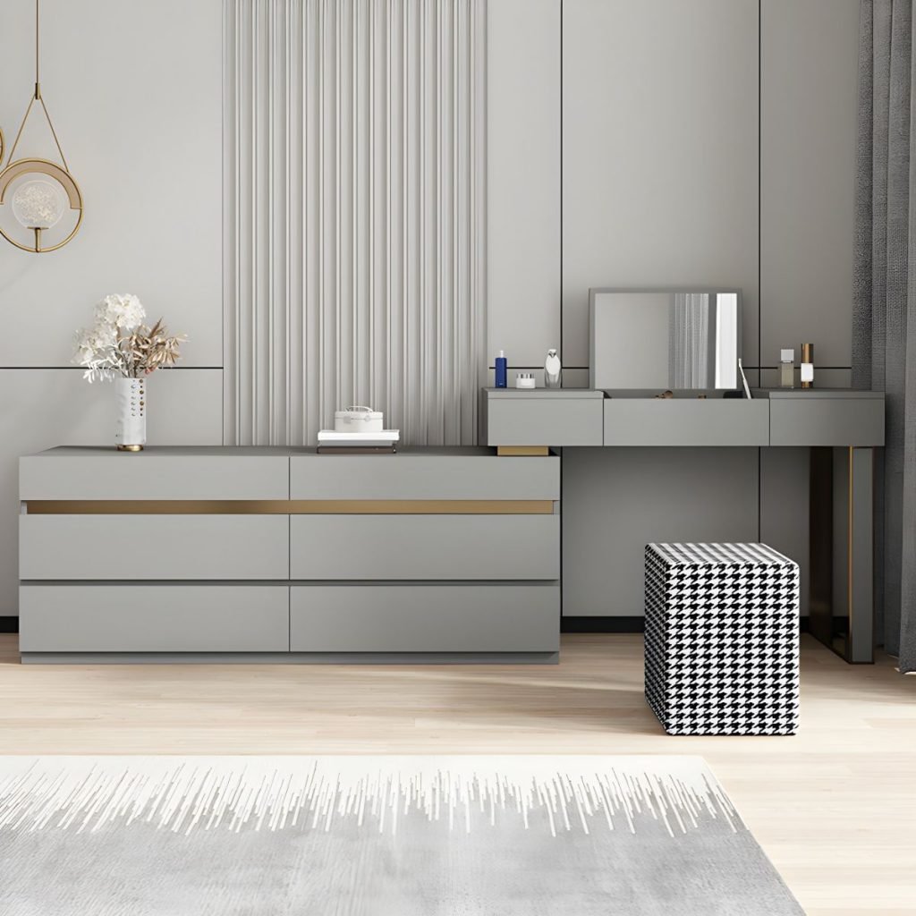 Expandable Vanity with Drawers and flip-top mirror in Khaki.