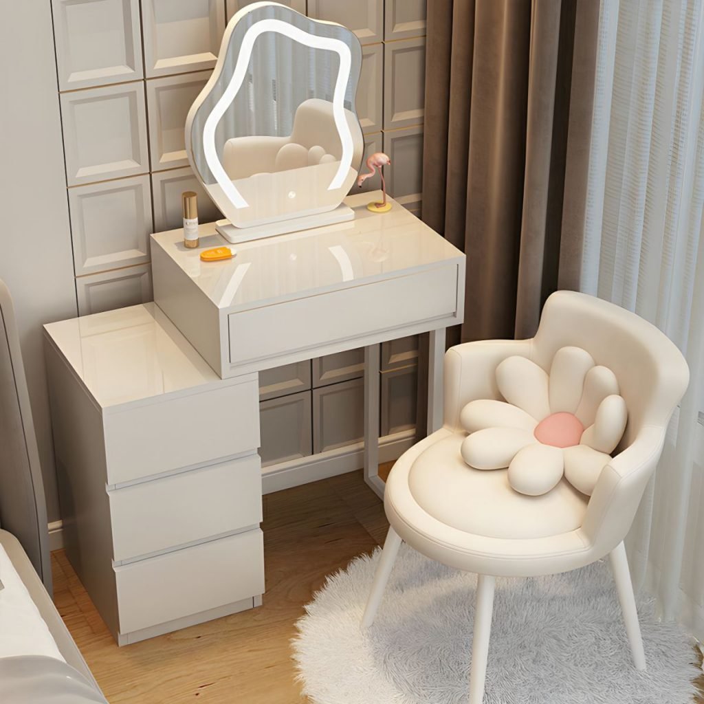 Elegant Vanity Desk in white E0 wood with 3-tier side cabinet.
