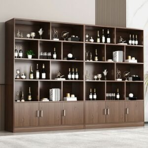 Modern Wood Display Stand with Open Storage & 4 Non-Adjustable Shelves & Cabinet Included