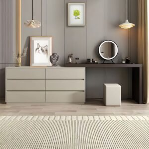 Modish Large Makeup Vanity with Reclaimed Wood Table Top, White Seating, 6 Drawers, Scalable and Push-Pull