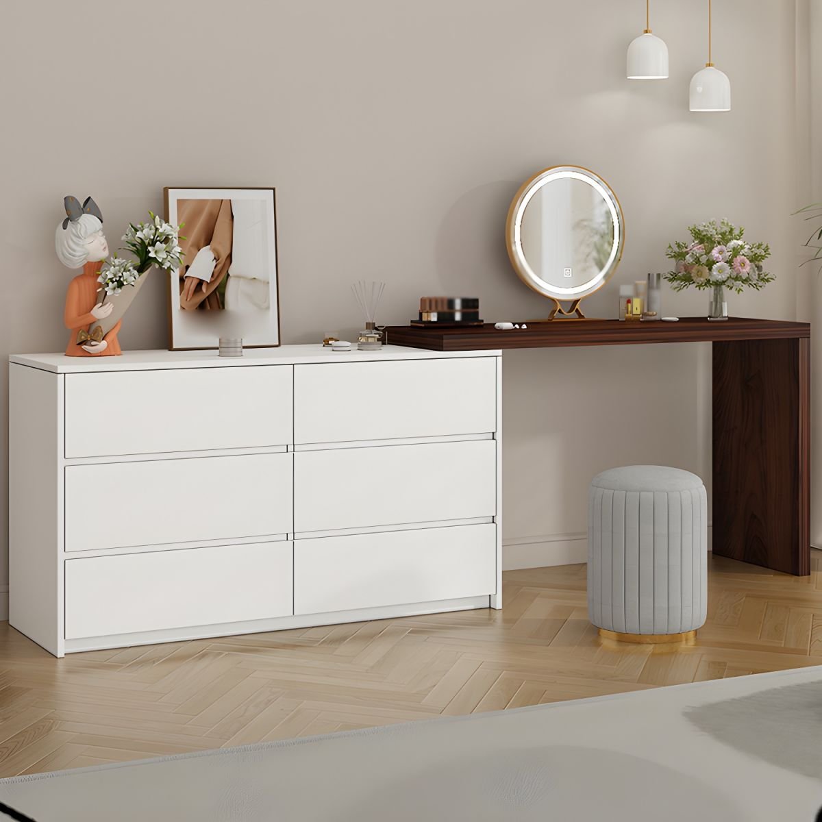 Modish Large Vanity Set with Lumber Table Top, White Chair, 6 Drawers, and Light Up Mirror - Image 2