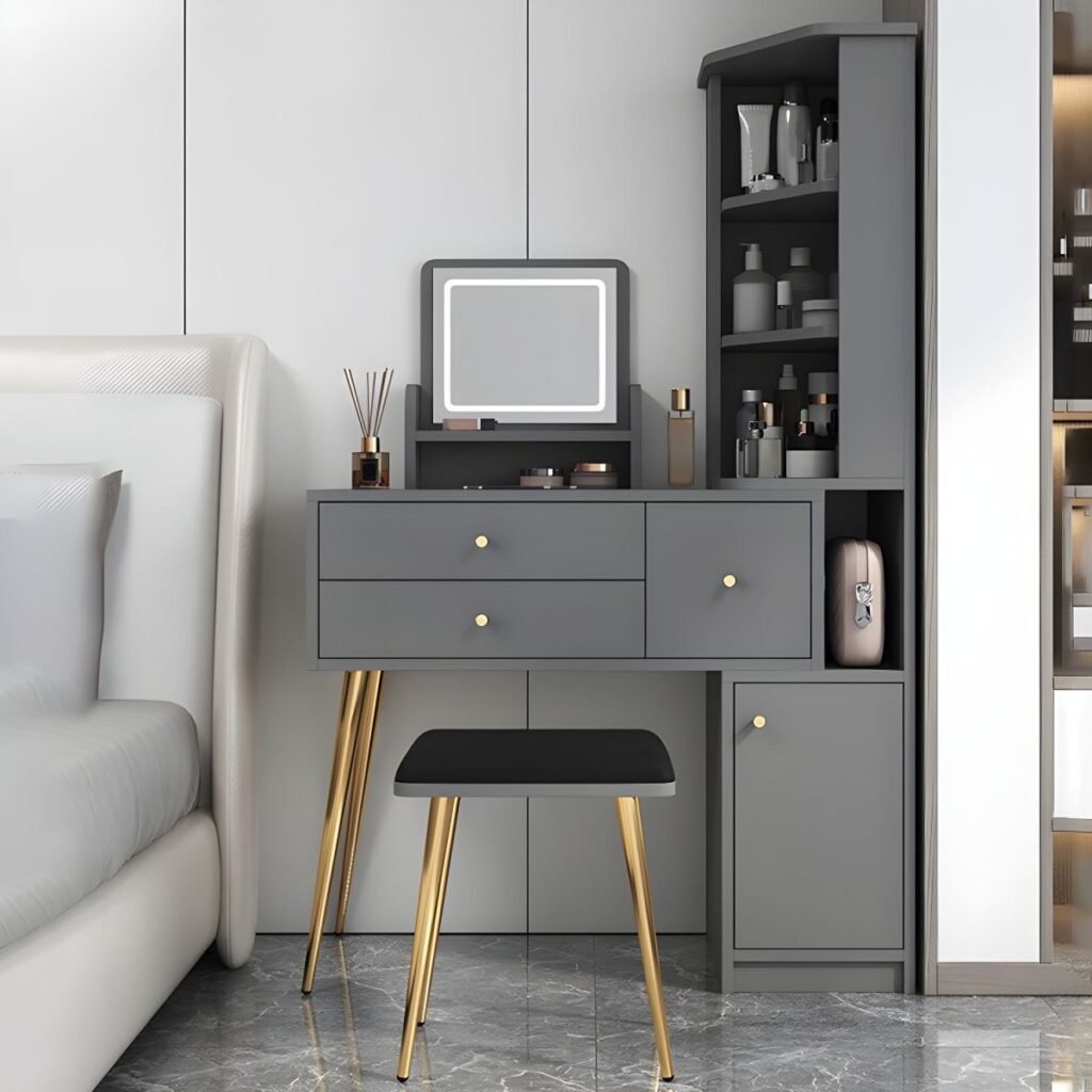 1200x12001 103 Modish Standard/Small Makeup Vanity with Reclaimed Wood Table Top and Standing Mirror, 2 Drawers, 2 Cabinets
