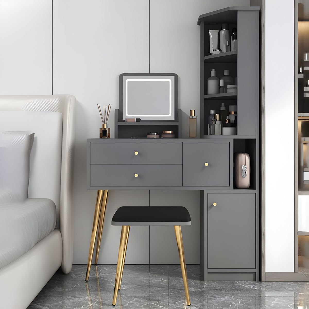 Modish Standard/Small Makeup Vanity with Reclaimed Wood Table Top and Standing Mirror, 2 Drawers, 2 Cabinets - Image 5