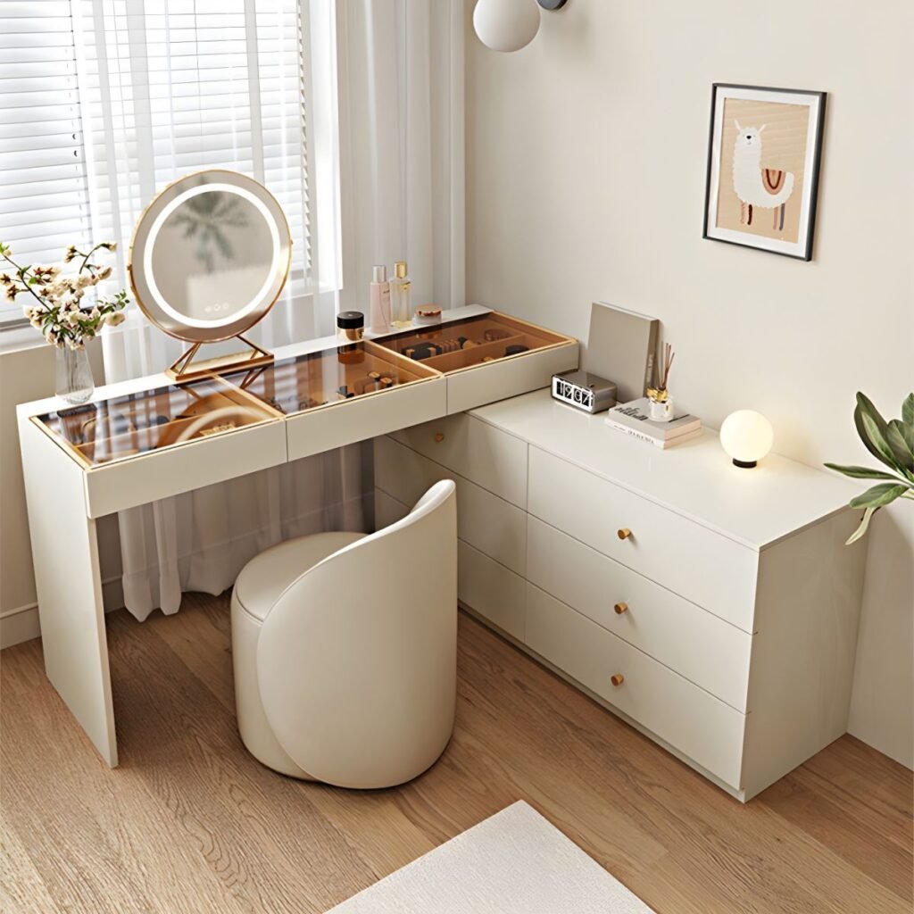 1200x12001 110 Glass Top Vanity with Drawers | Elegant White 140cm Desk