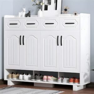 Large Capacity Floating Shelf Wood Shoe Storage Cabinet 4-tiers Wall-Mounted White