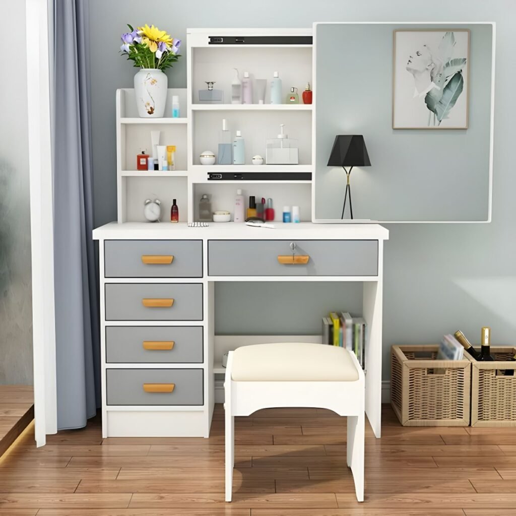 1200x12001 147 Modern Swivel Vanity Desk | Chic 132cm Grey Wood Set