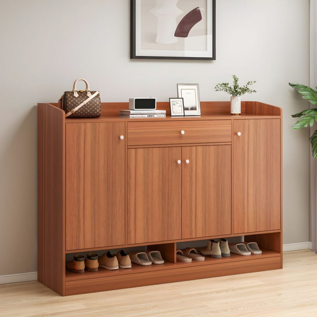 1200x12001 158 Engineered Wood Shoe Storage Cabinet 3 Tiers Shoe Stack with Shelf, Drawers, Gate,Dustproof Cover, and Closed Back