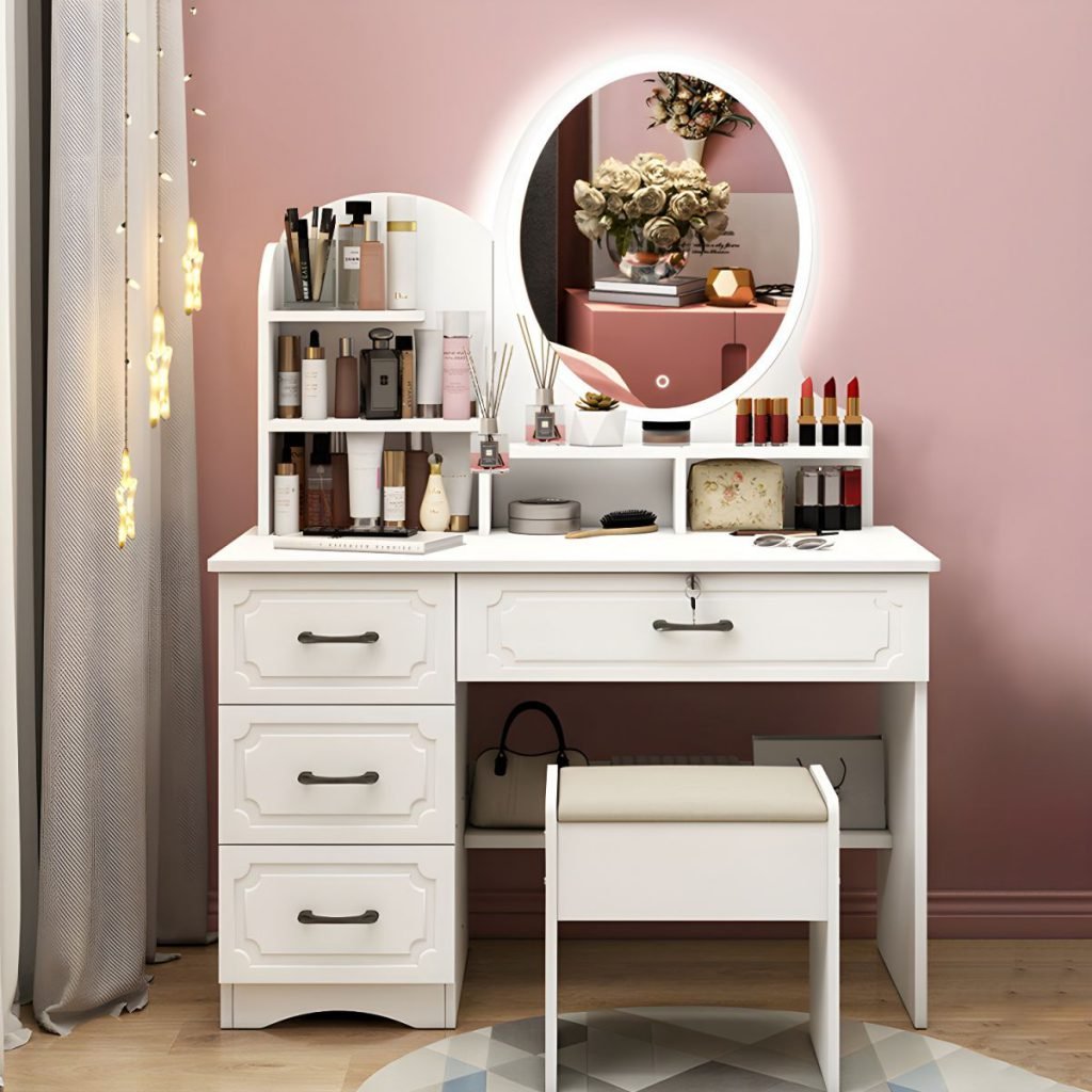 Compact Swivel Makeup Desk in white/grey E0 wood.