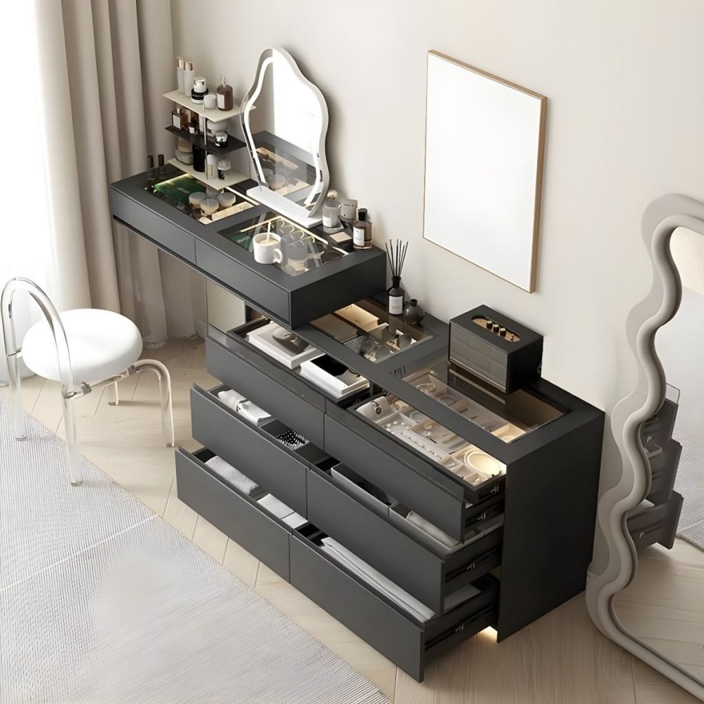 Slate Grey Glass Vanity with 3C tempered glass and 6 drawers.