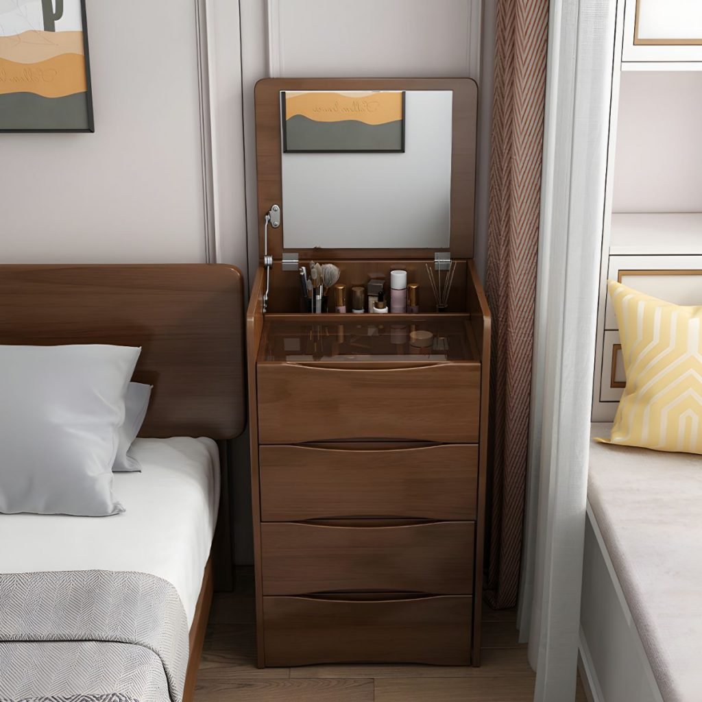 Brown Wood Narrow Vanity Set in natural brown E0 wood finish.