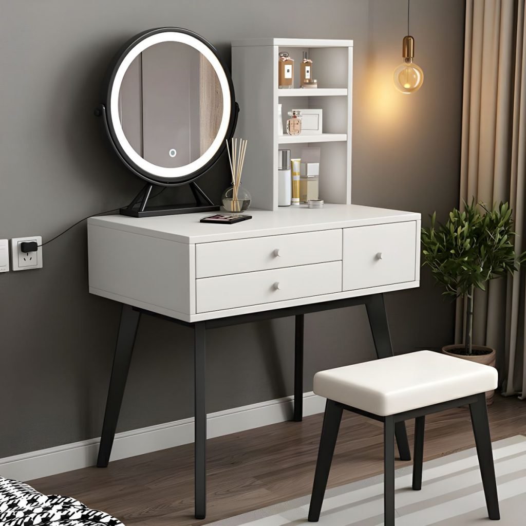 Vanity Desk with Shelves in minimalist grey and white E0 wood.