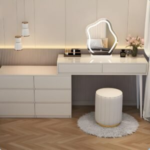 Modish Large Vanity Set with Reclaimed Wood Table Top, WhiteChair, and 8 Drawers/5 Drawers