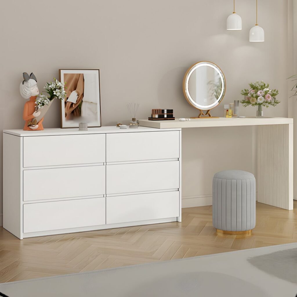 1200x12001 94 Modish Large Vanity Set with Lumber Table Top, White Chair, 6 Drawers, and Light Up Mirror