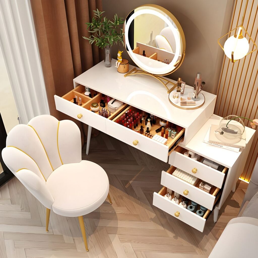 1200x12001 95 Chalk Modish Large Makeup Vanity with Laminate Table Top and 5 Drawers