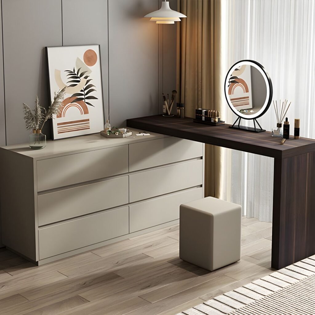 1200x12001 99 Modish Large Makeup Vanity with Reclaimed Wood Table Top, White Seating, 6 Drawers, Scalable and Push-Pull
