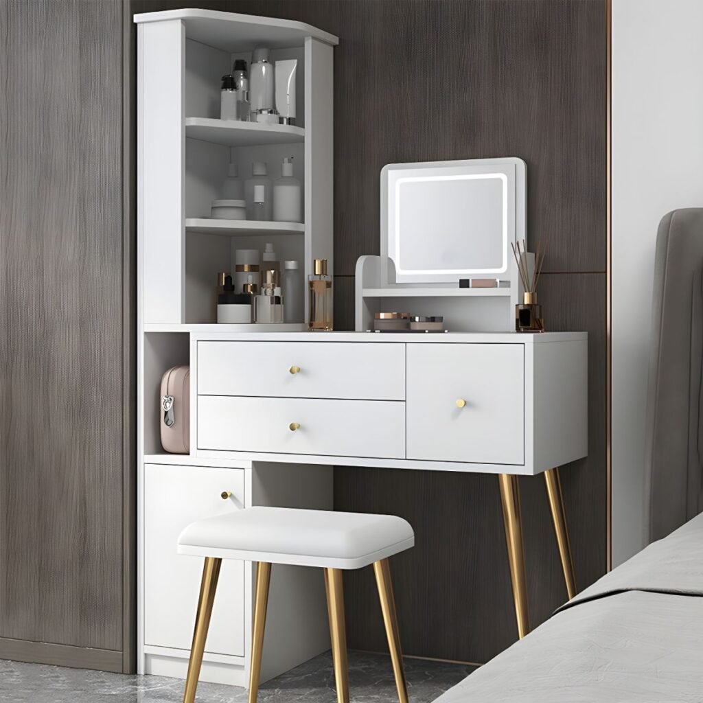 1200x120010 141 Modish Standard/Small Makeup Vanity with Reclaimed Wood Table Top and Standing Mirror, 2 Drawers, 2 Cabinets