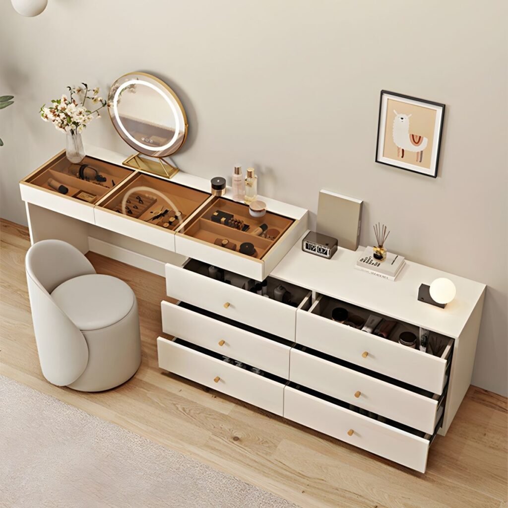 Glass Top Vanity with Drawers in white with 3C tempered glass.