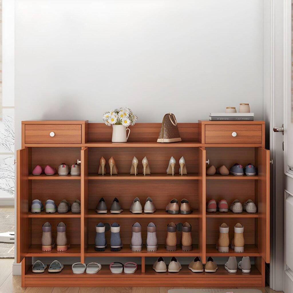 1200x12002 154 Engineered Wood Shoe Storage Cabinet 3 Tiers Shoe Stack with Shelf, Drawers, Gate,Dustproof Cover, and Closed Back