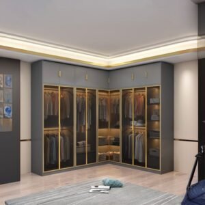 Storm Gray Minimalist Laminate Cabinet Armoire with Soft Close Drawer, Soft Close Glass Door, Interior Shelves, and Clothing Rod