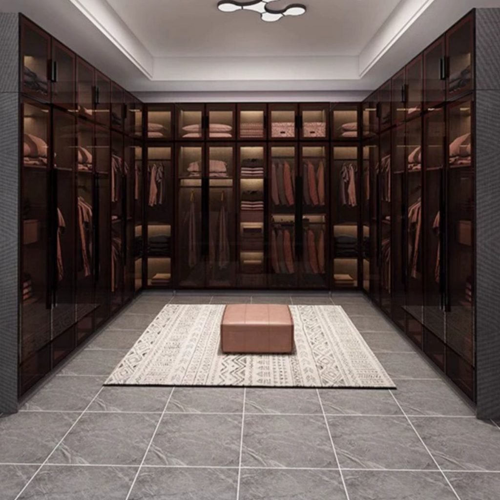 Glass Door Wardrobe with Integrated LED Lighting by Apexerahomelife, 95 inches tall, featuring grey frames and 3C tempered glass in a luxury master suite.