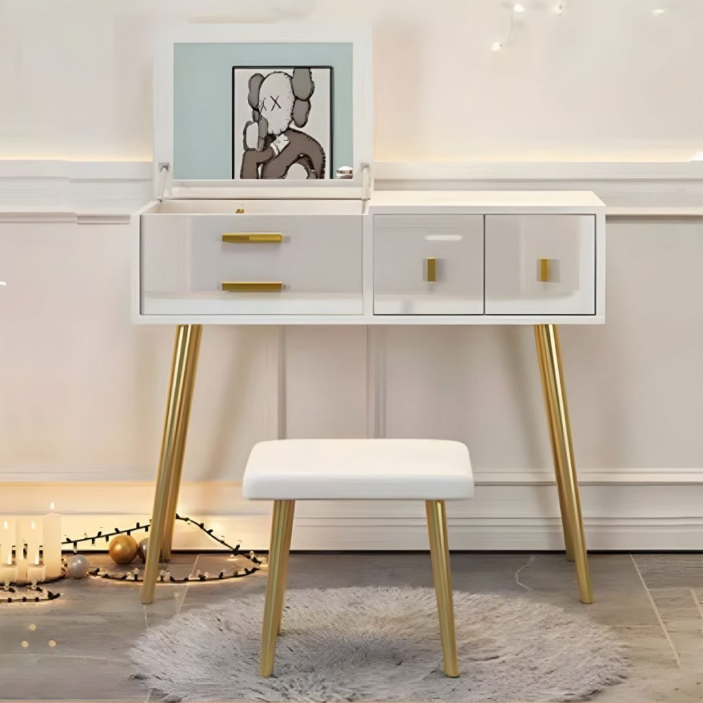 White Vanity with Accent Handles in white E0 wood with yellow grips.