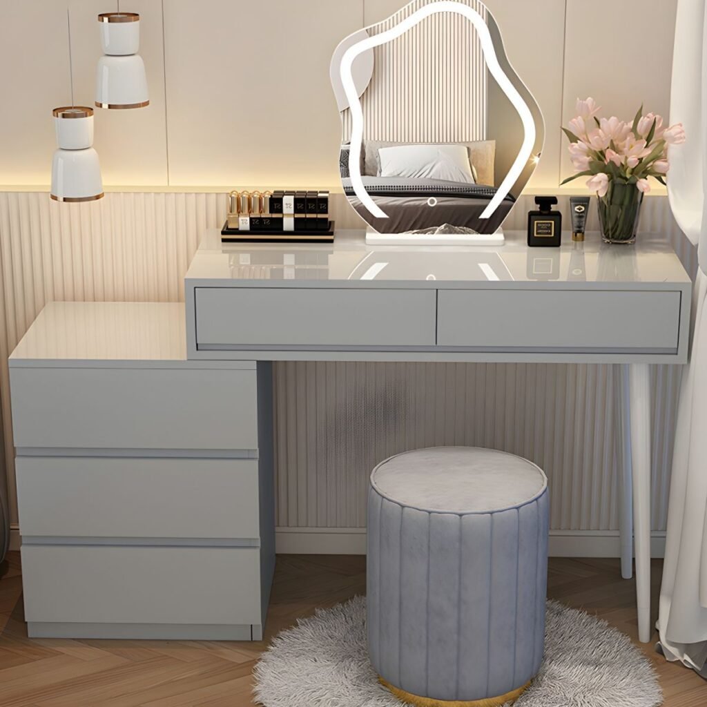 1200x12002 90 Modish Large Vanity Set with Reclaimed Wood Table Top, WhiteChair, and 8 Drawers/5 Drawers