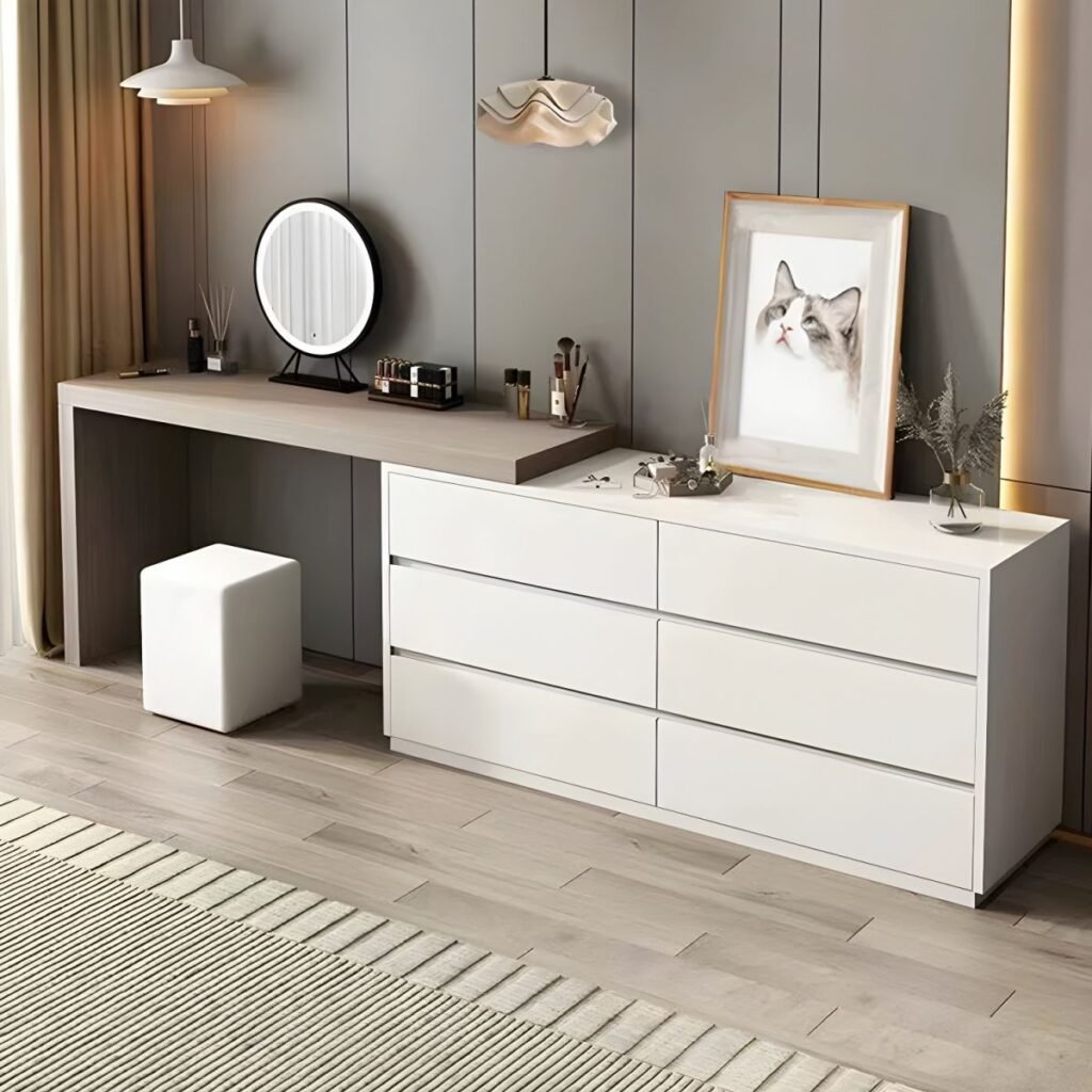 1200x12002 92 Modish Large Makeup Vanity with Reclaimed Wood Table Top, White Seating, 6 Drawers, Scalable and Push-Pull