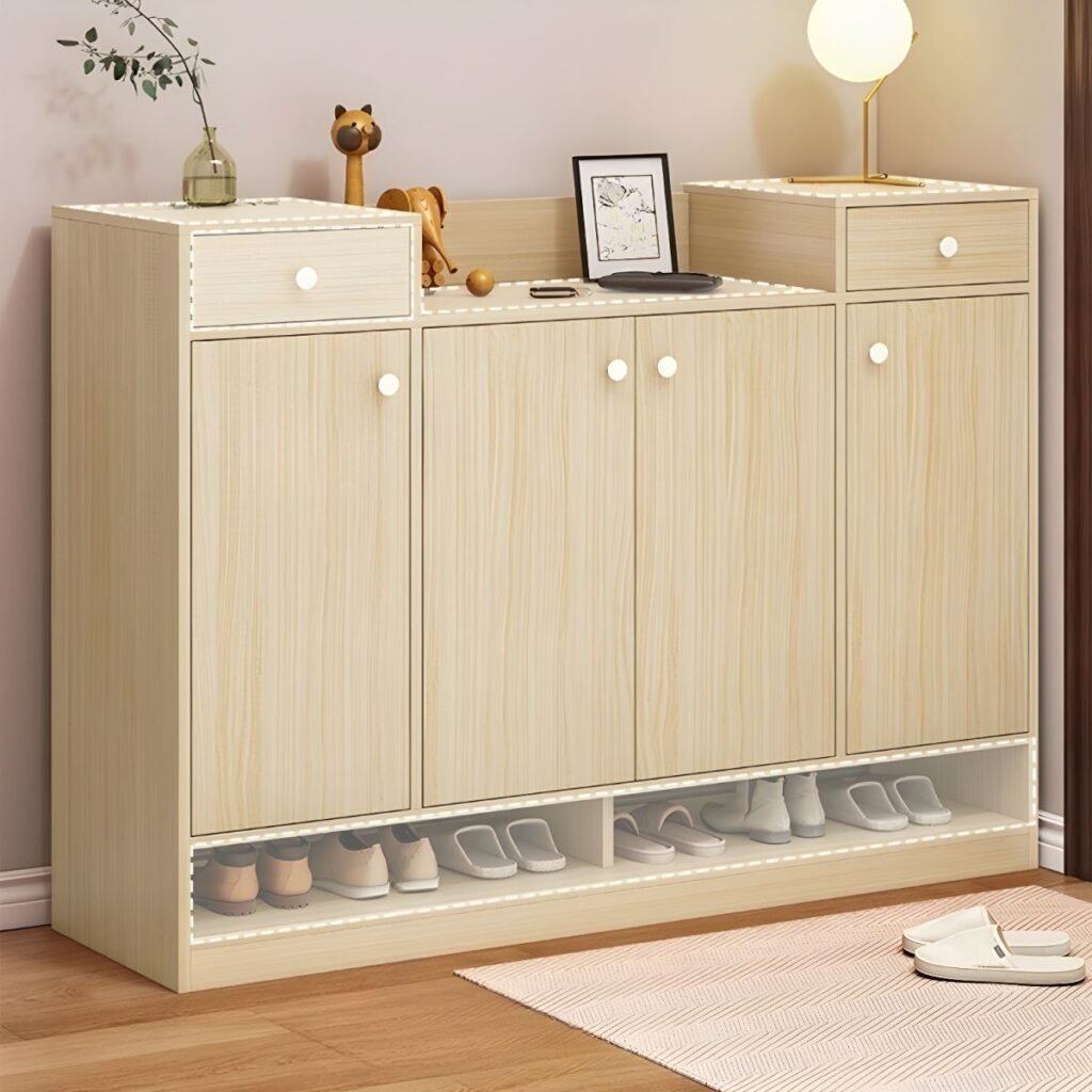 1200x12003 139 Engineered Wood Shoe Storage Cabinet 3 Tiers Shoe Stack with Shelf, Drawers, Gate,Dustproof Cover, and Closed Back