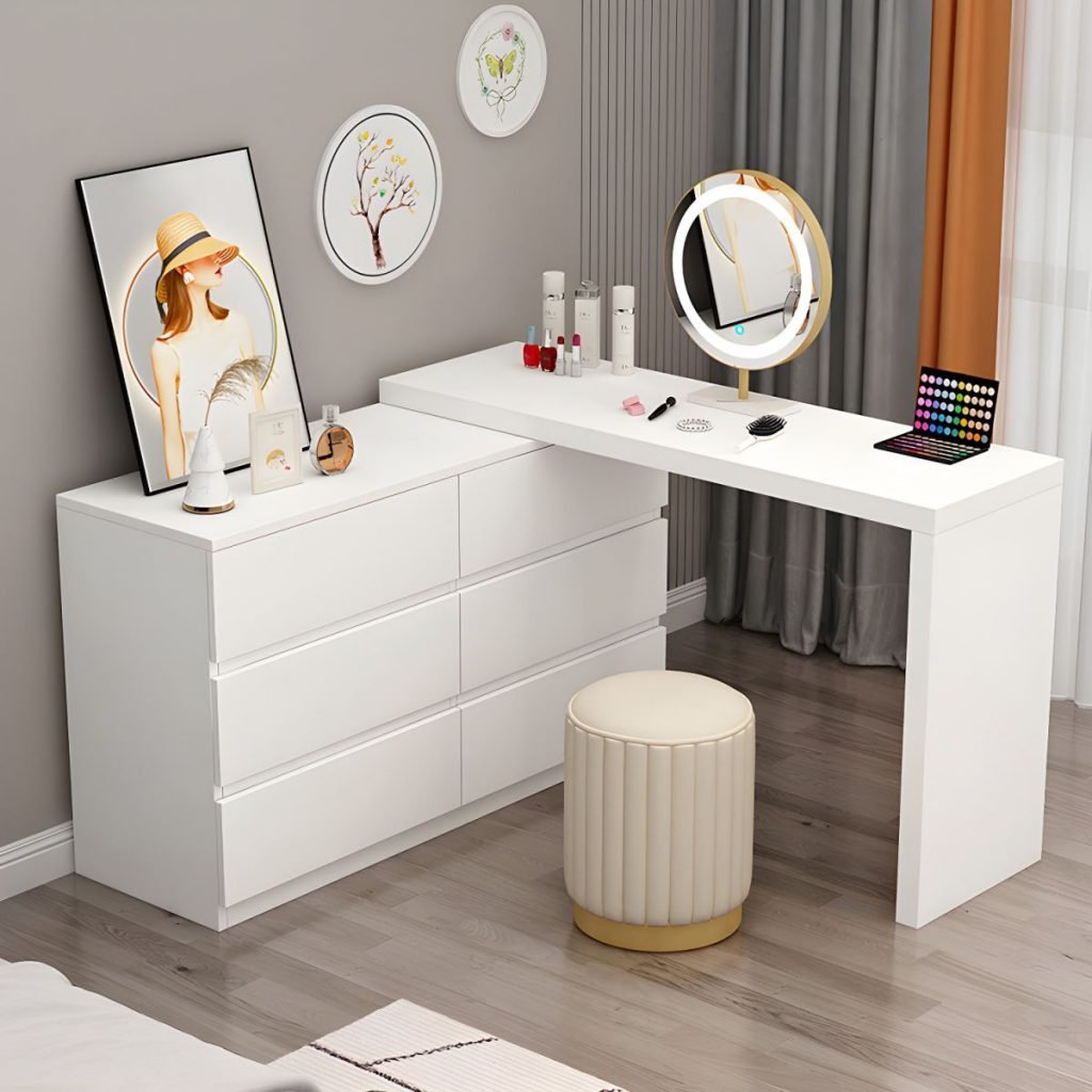 Apexerahomelife JX-MV-058 Extendable Vanity Set set up in an L-shaped corner layout with a white 6 drawer storage cabinet and a modern led light makeup mirror