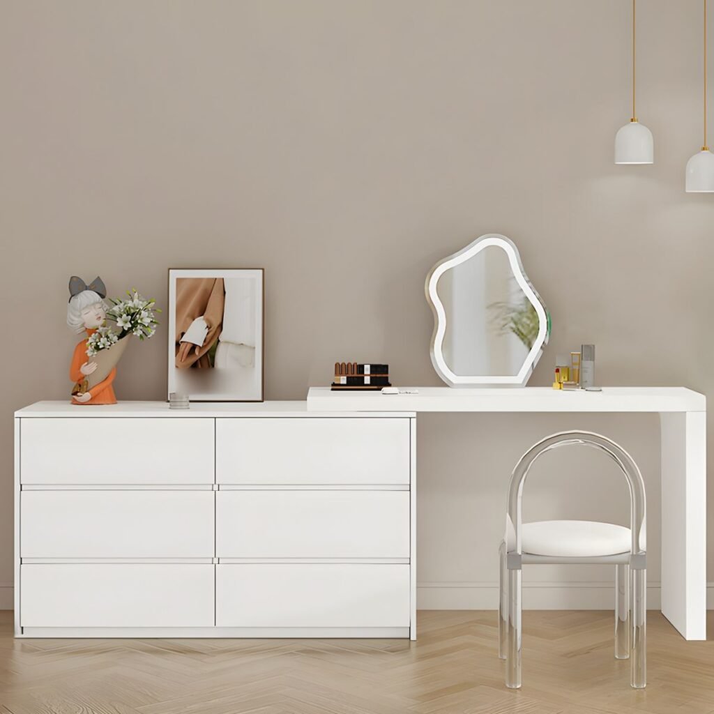 1200x12003 82 Modish Large Vanity Set with Lumber Table Top, White Chair, 6 Drawers, and Light Up Mirror