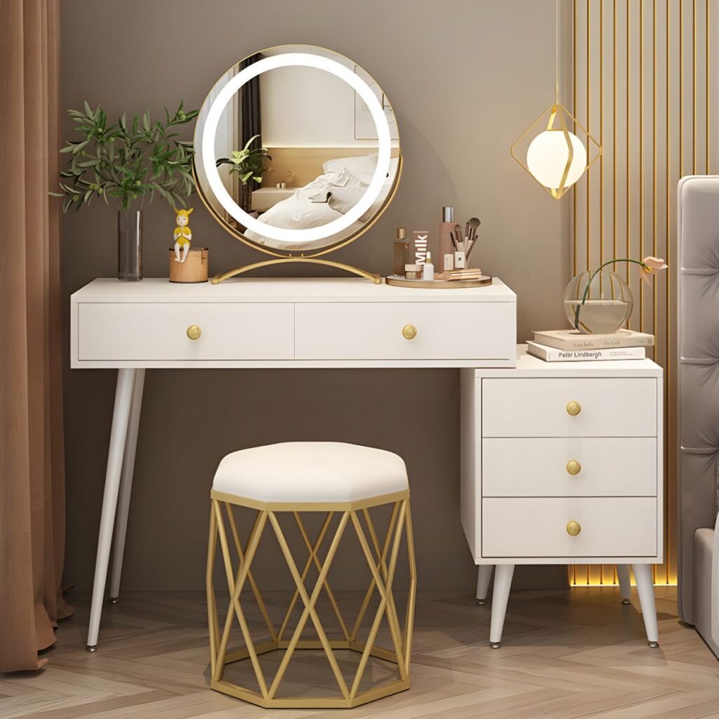 1200x12003 83 Chalk Modish Large Makeup Vanity with Laminate Table Top and 5 Drawers