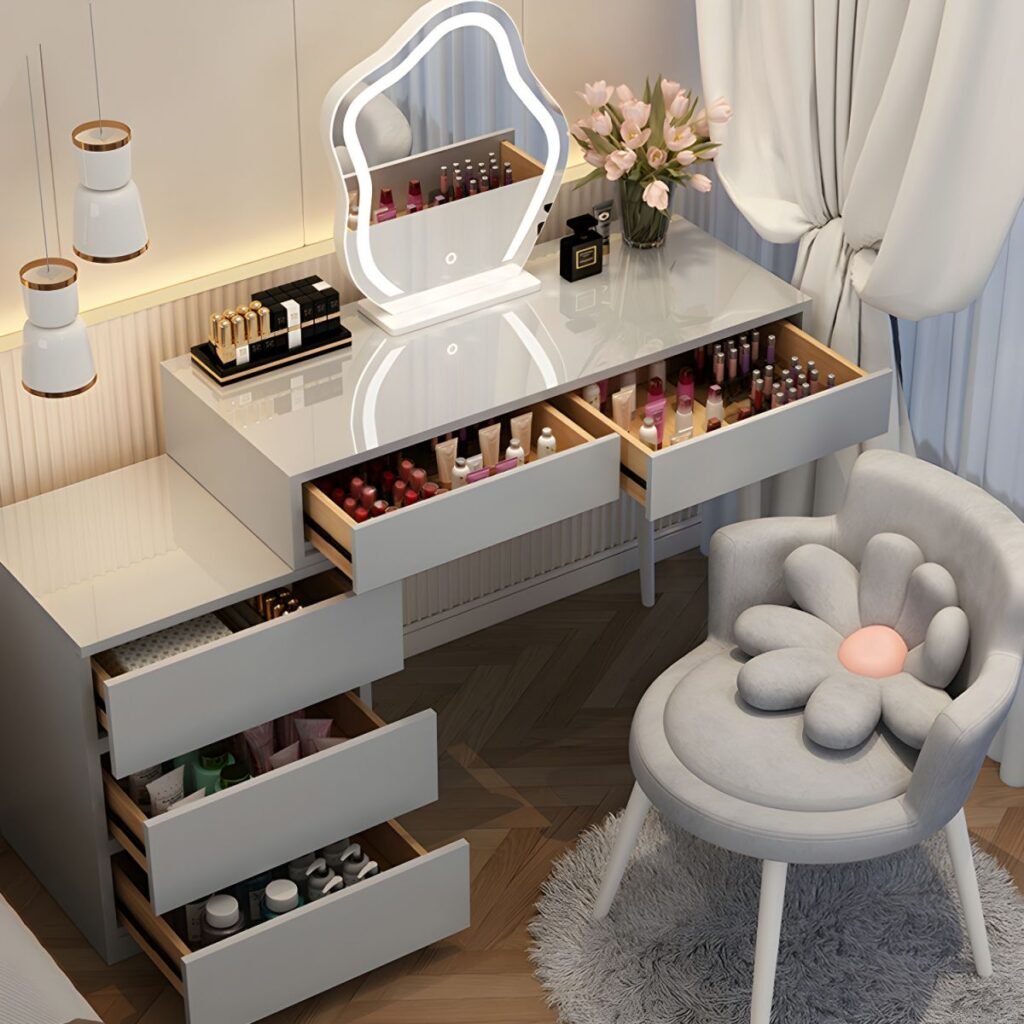 1200x12003 85 Modish Large Vanity Set with Reclaimed Wood Table Top, WhiteChair, and 8 Drawers/5 Drawers