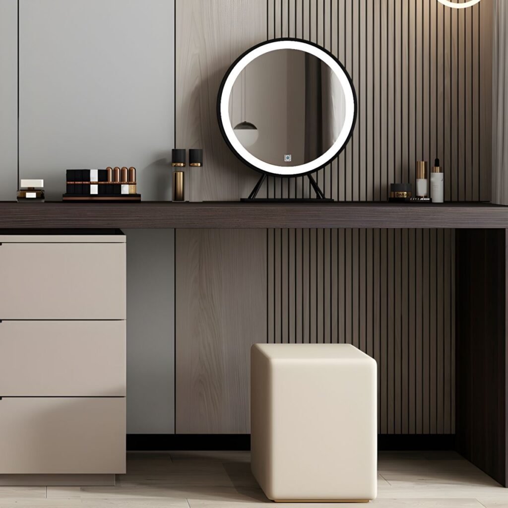 1200x12003 87 Modish Large Makeup Vanity with Reclaimed Wood Table Top, White Seating, 6 Drawers, Scalable and Push-Pull