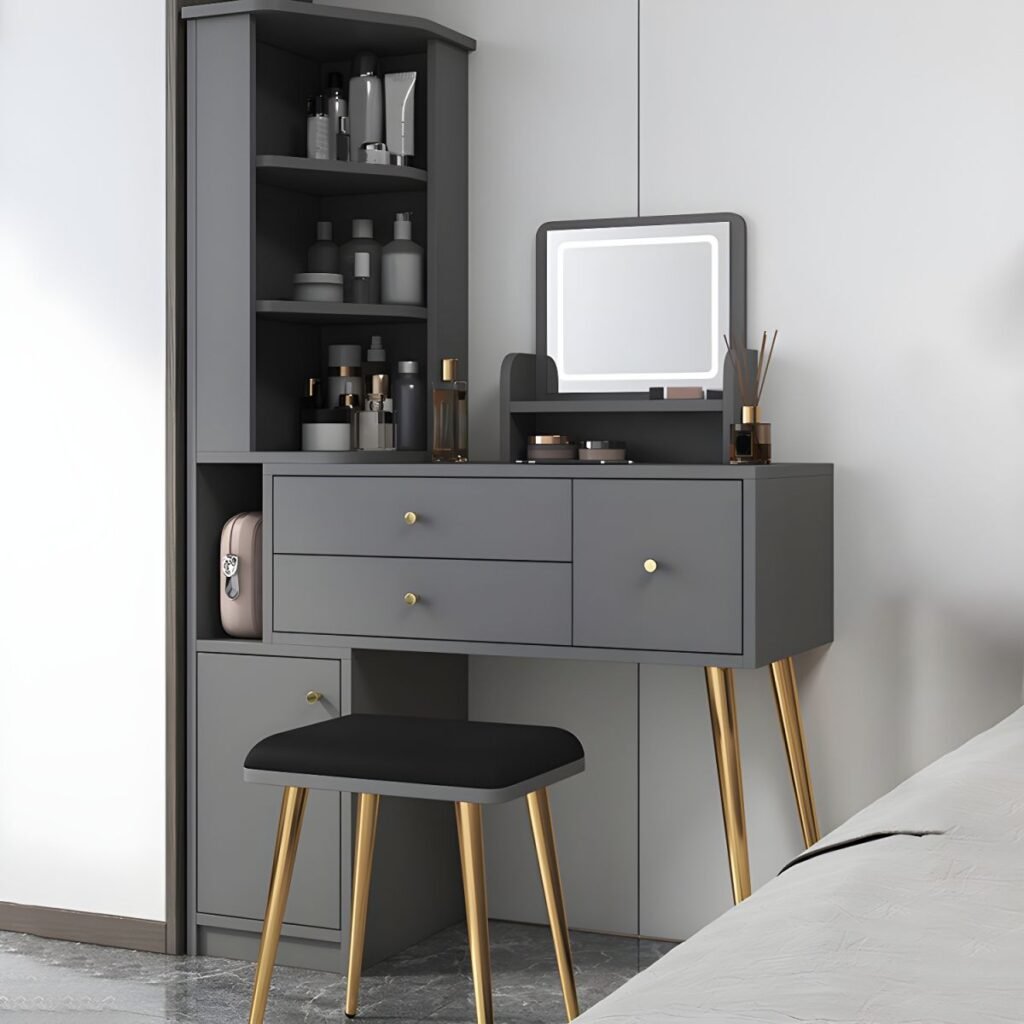 1200x12003 90 Modish Standard/Small Makeup Vanity with Reclaimed Wood Table Top and Standing Mirror, 2 Drawers, 2 Cabinets