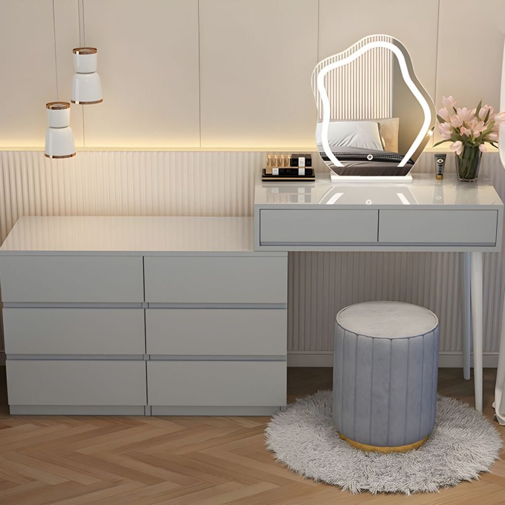 1200x12004 86 Modish Large Vanity Set with Reclaimed Wood Table Top, WhiteChair, and 8 Drawers/5 Drawers