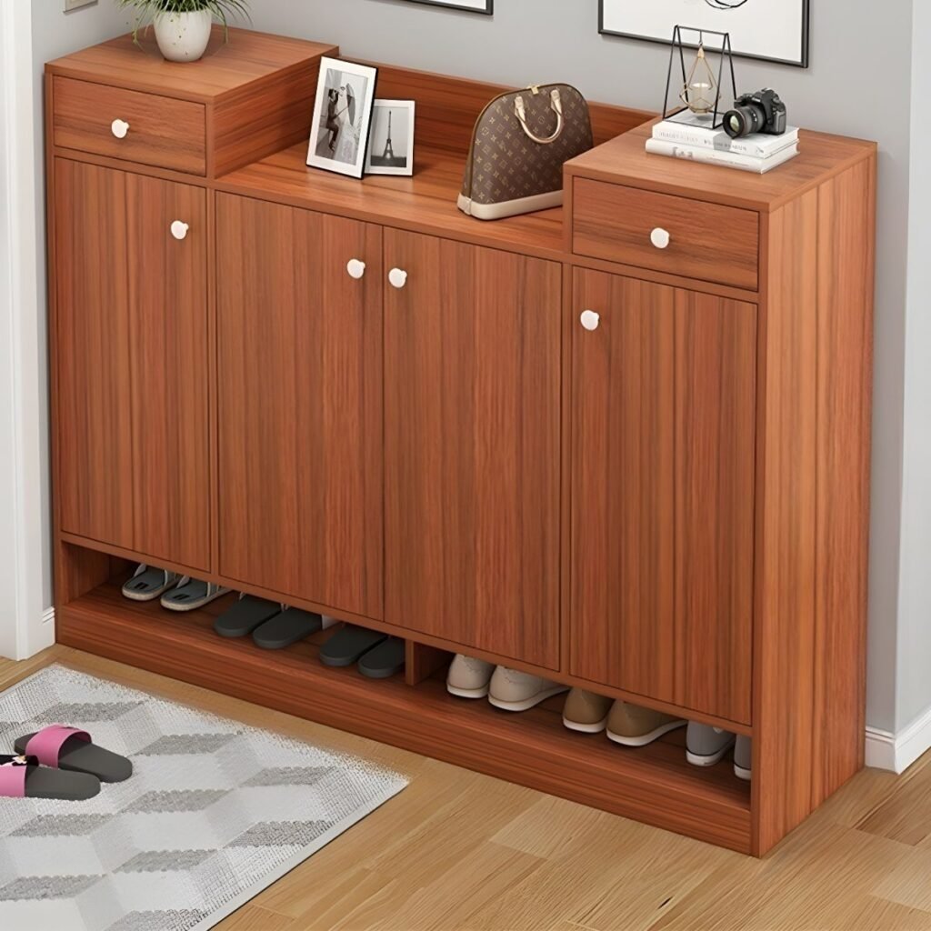 1200x12004 96 Engineered Wood Shoe Storage Cabinet 3 Tiers Shoe Stack with Shelf, Drawers, Gate,Dustproof Cover, and Closed Back