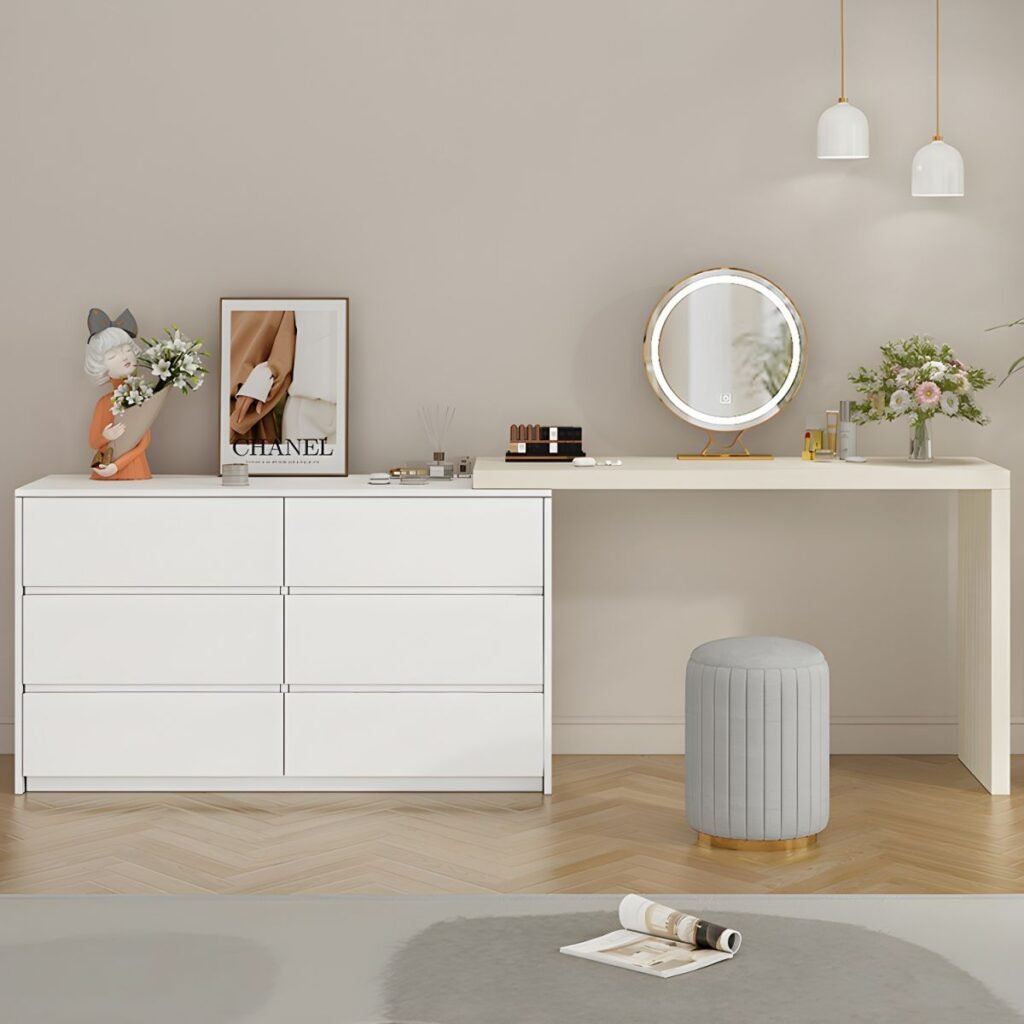 1200x12005 91 Modish Large Vanity Set with Lumber Table Top, White Chair, 6 Drawers, and Light Up Mirror