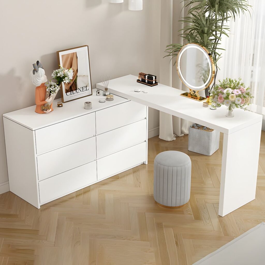1200x12006 89 Modish Large Vanity Set with Lumber Table Top, White Chair, 6 Drawers, and Light Up Mirror