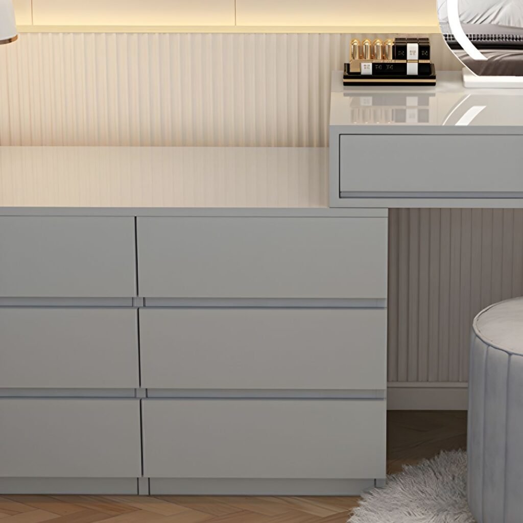 1200x12006 92 Modish Large Vanity Set with Reclaimed Wood Table Top, WhiteChair, and 8 Drawers/5 Drawers
