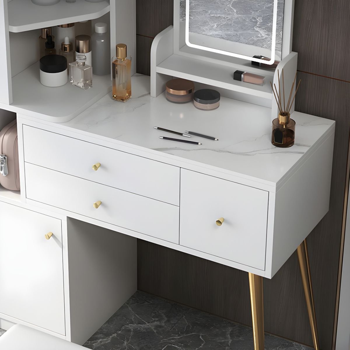 Modish Standard/Small Makeup Vanity with Reclaimed Wood Table Top and Standing Mirror, 2 Drawers, 2 Cabinets - Image 9