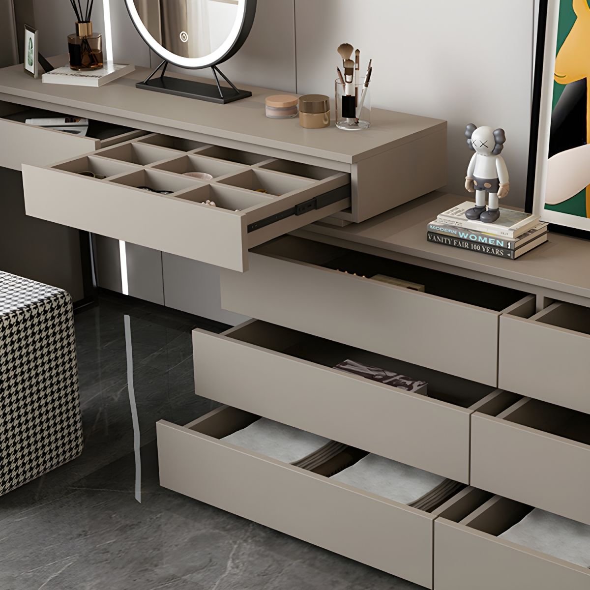 Modish Large Vanity Set with Laminate Table Top and 5 Drawers - Image 7