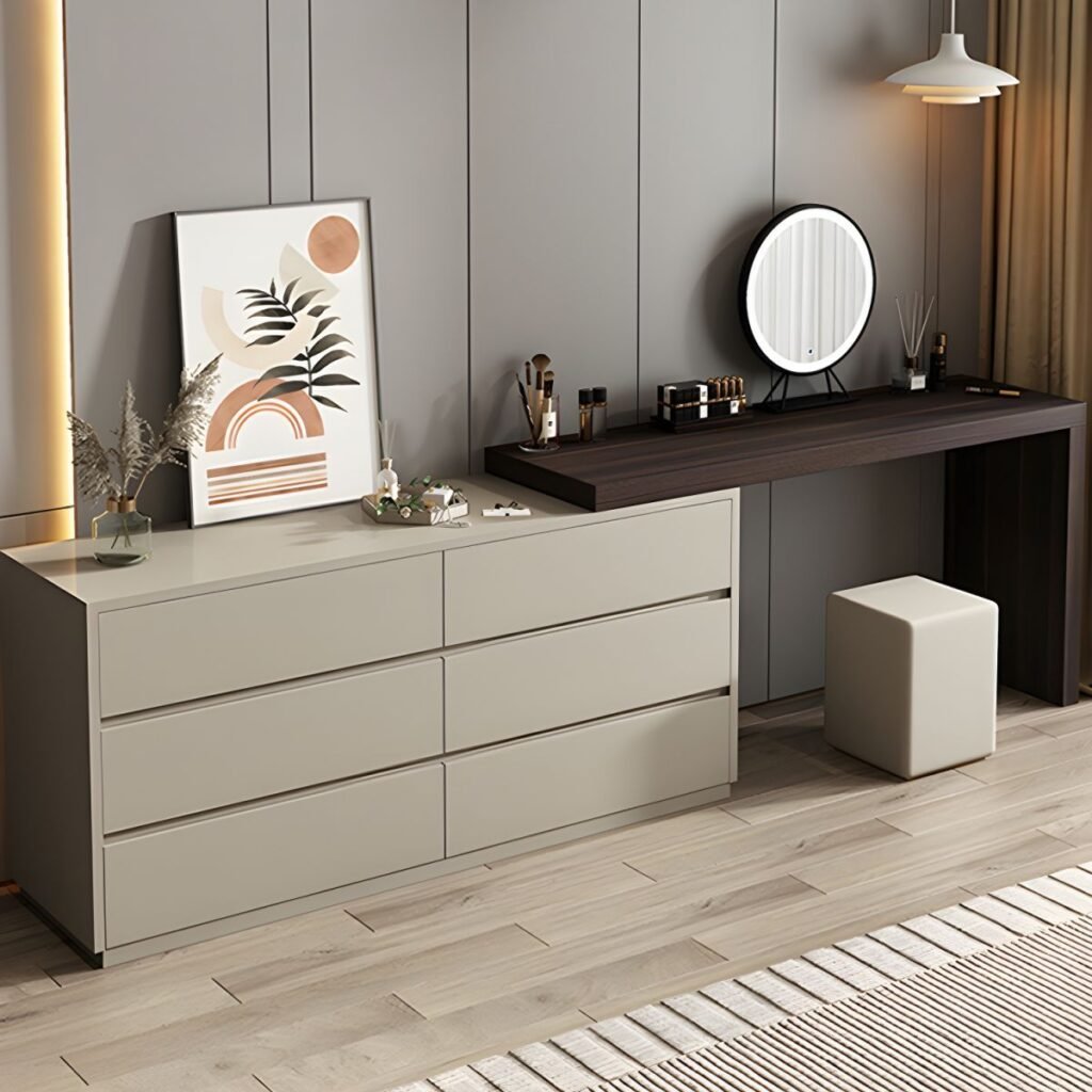 1200x12007 103 Modish Large Makeup Vanity with Reclaimed Wood Table Top, White Seating, 6 Drawers, Scalable and Push-Pull