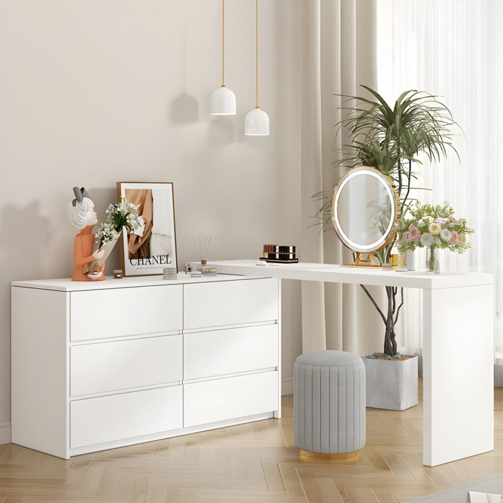 1200x12008 129 Modish Large Vanity Set with Lumber Table Top, White Chair, 6 Drawers, and Light Up Mirror