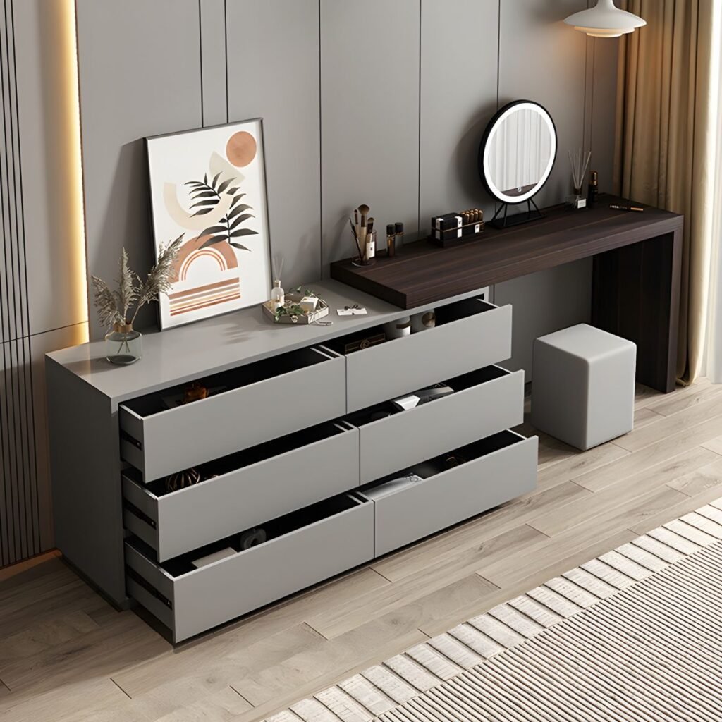 1200x12008 134 Modish Large Makeup Vanity with Reclaimed Wood Table Top, White Seating, 6 Drawers, Scalable and Push-Pull