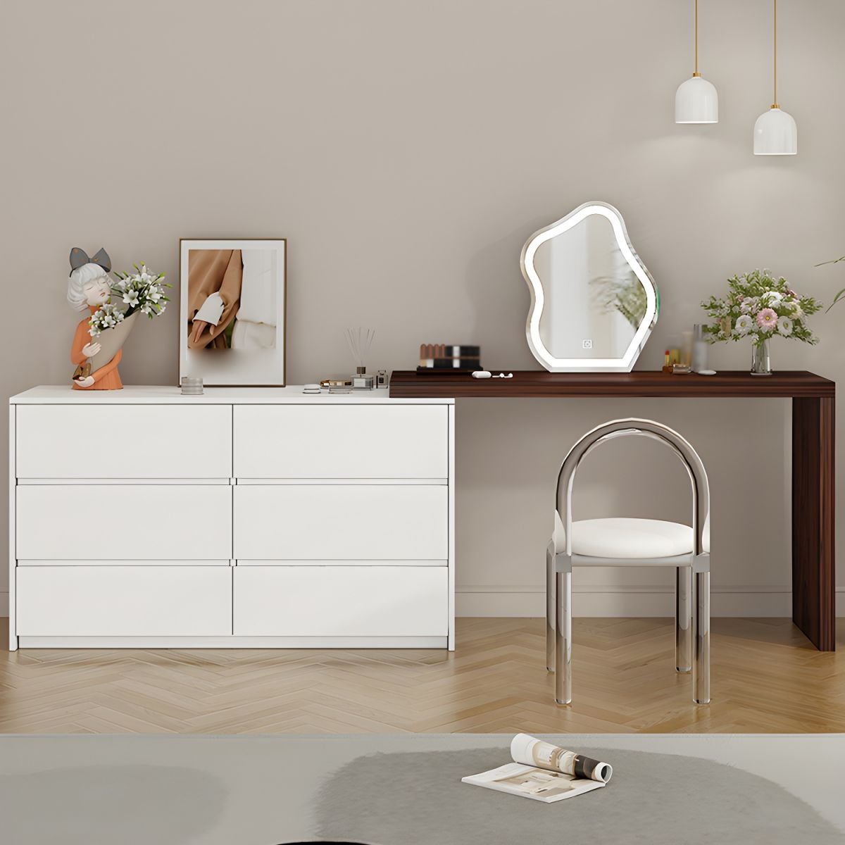 Modish Large Vanity Set with Lumber Table Top, White Chair, 6 Drawers, and Light Up Mirror - Image 8