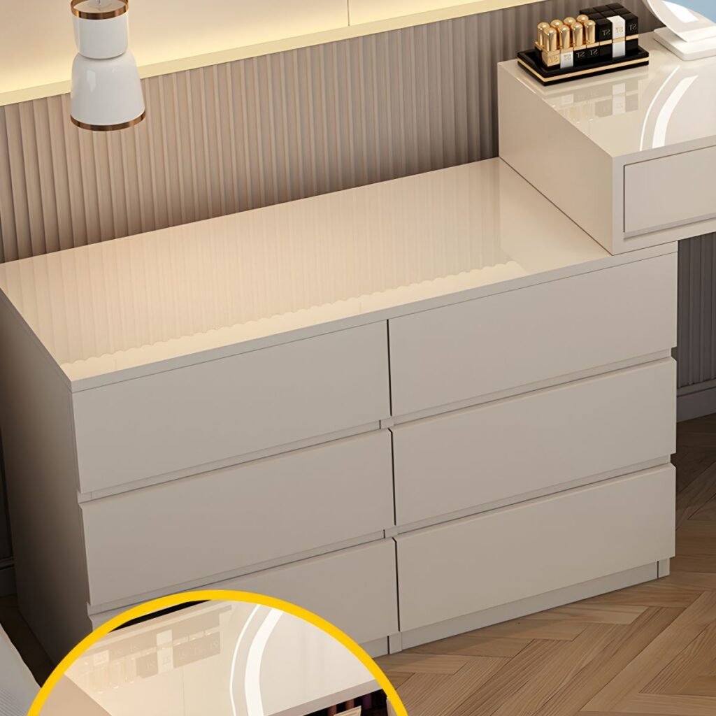 1200x12009 157 Modish Large Vanity Set with Reclaimed Wood Table Top, WhiteChair, and 8 Drawers/5 Drawers