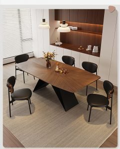 Apexerahomelife solid wood dining set JX-DTS-003 featuring a sunburst grain table top and black geometric steel base in a modern dining room.